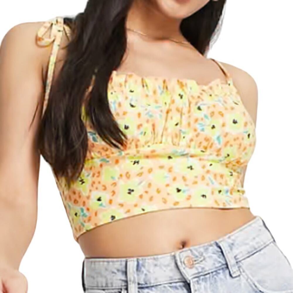 Wednesday's Girl Tie Strap Ruched Bust Cami Crop Top in Yellow, Size L​​​​